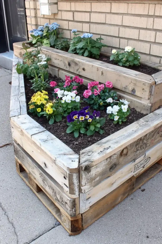 Corner tiered pallet garden beds filled with purple pink and white flowers