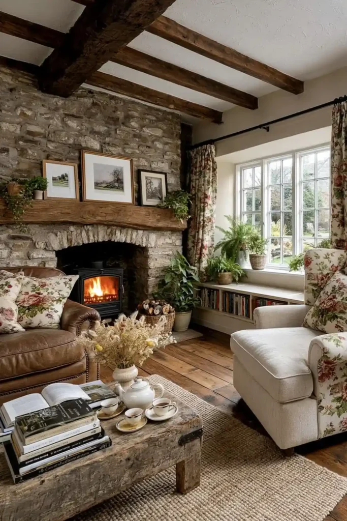 Cottagecore living room with stone fireplace, exposed wood beams, leather sofa, floral armchair, rustic coffee table, and warm firelight.