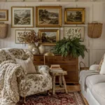 Cozy cottagecore living room with floral armchair, cream sofa, rust-brown curtains, gallery wall, fern, warm wood floors, and red patterned rug.