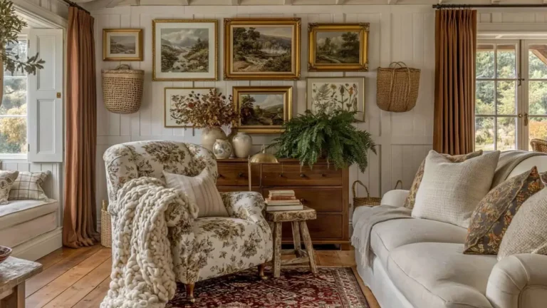Cozy cottagecore living room with floral armchair, cream sofa, rust-brown curtains, gallery wall, fern, warm wood floors, and red patterned rug.