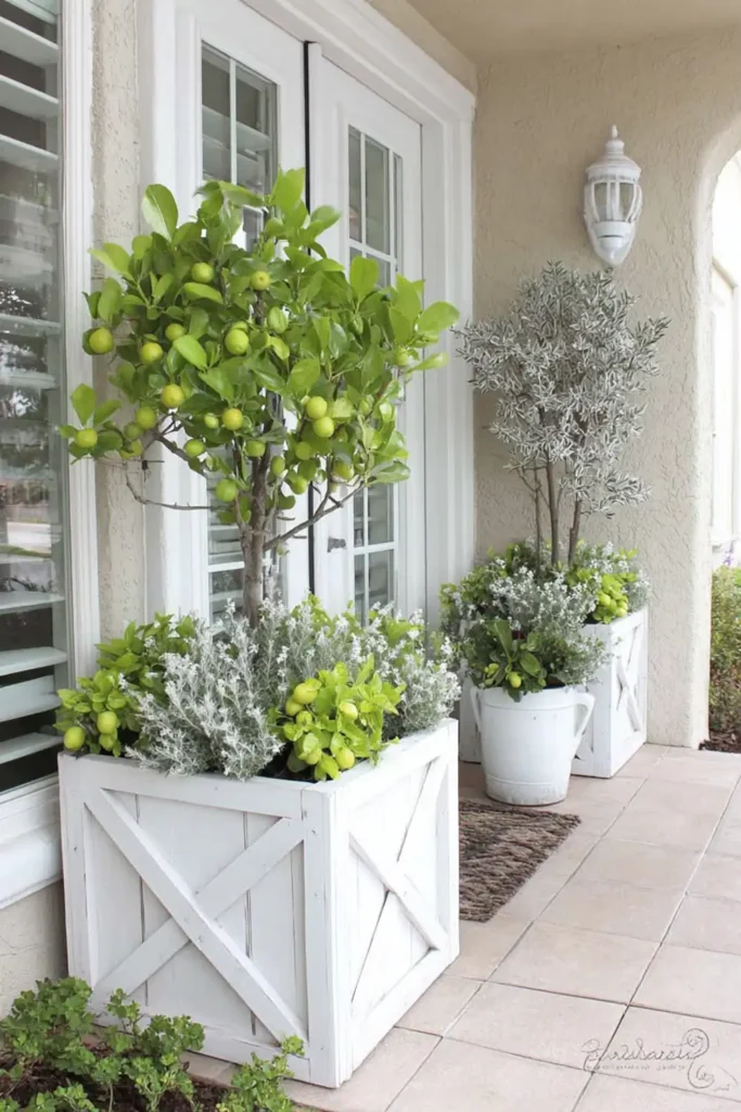 White criss cross porch planters with a green shrub and a slender silvery tree beside French doors.