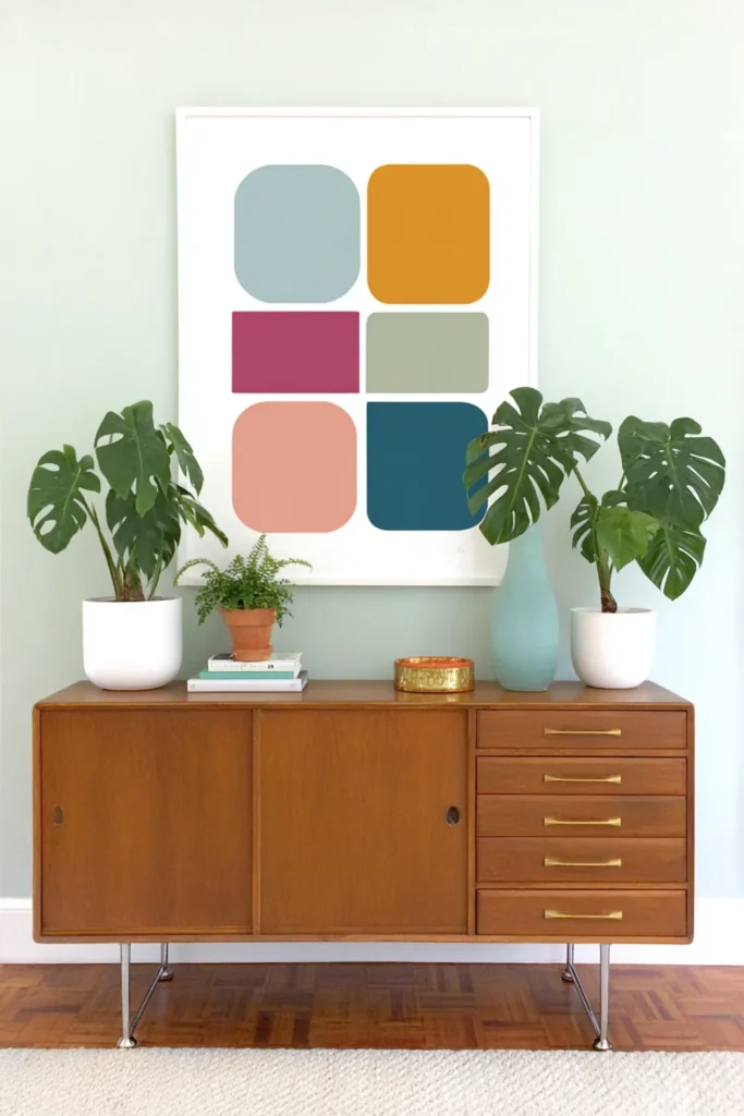 Brown credenza with one large pale mint artwork, four smaller pieces above it, and white potted plants on both sides.