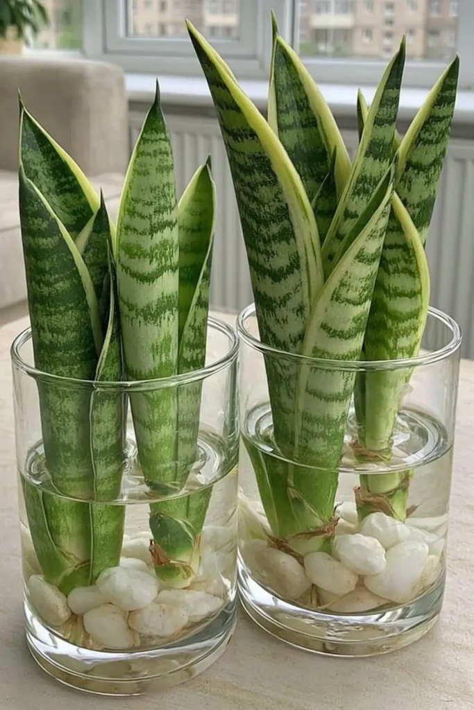 Snake plant cuttings displayed in cylindrical clear glass containers with visible water reflections