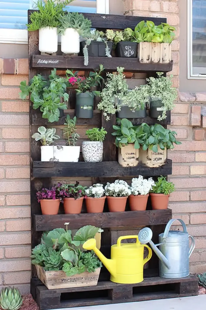 Dark wood vertical pallet garden packed with terracotta pots and planters