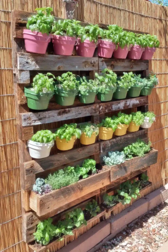 Rustic pallet salad bar garden with rows of small green plants against a reed fence