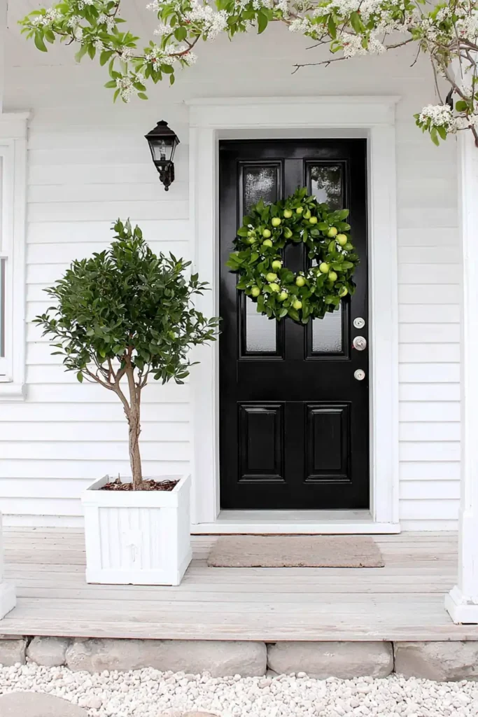 White square porch planter with a small topiary-like tree beside a black farmhouse front door.