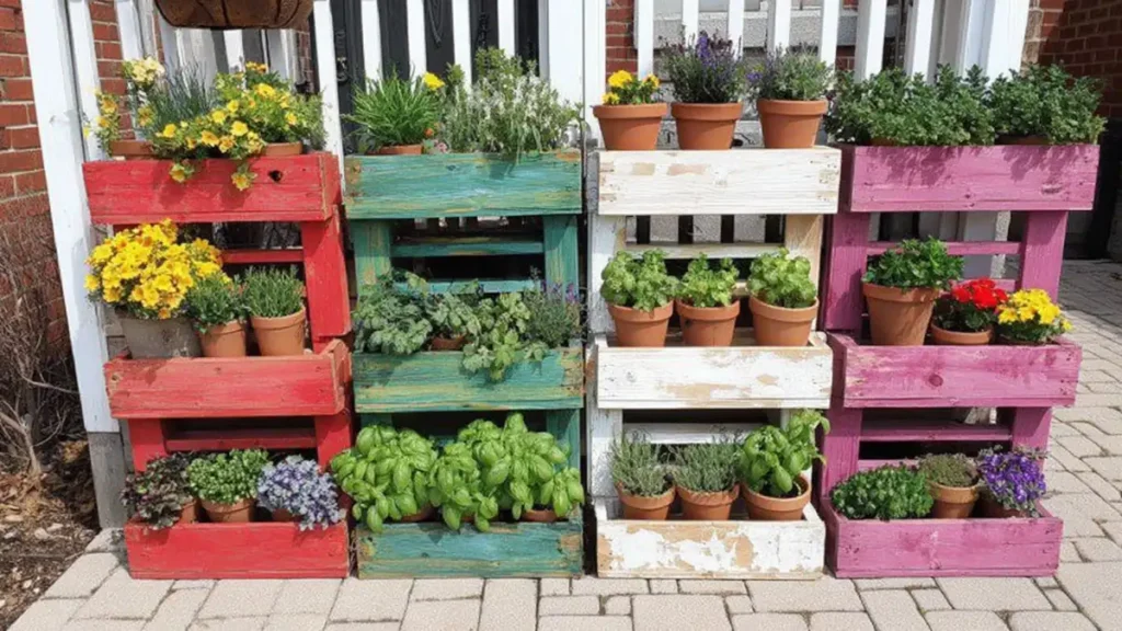 Warm outdoor closing image with a painted pallet garden, terracotta pots, herbs, and flowers