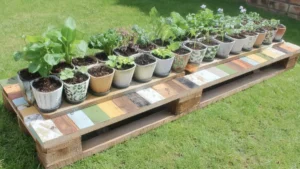DIY vertical pallet garden ideas featured image with a purple pallet planter, small pots, and young plants on grass