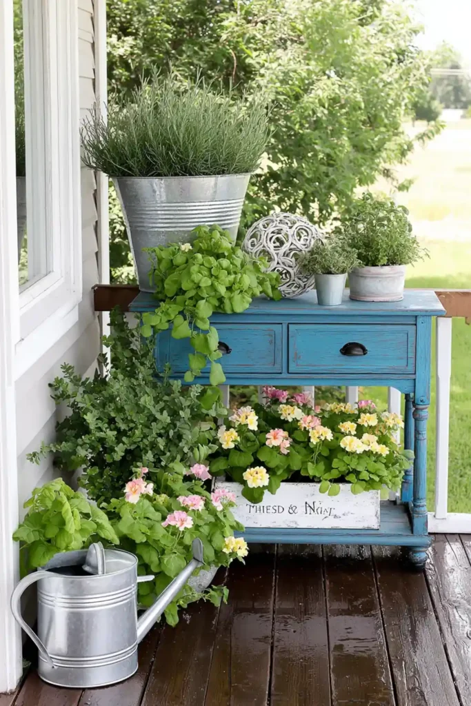 Blue dresser planter with flowers in open drawers and galvanized accents on a farmhouse porch.