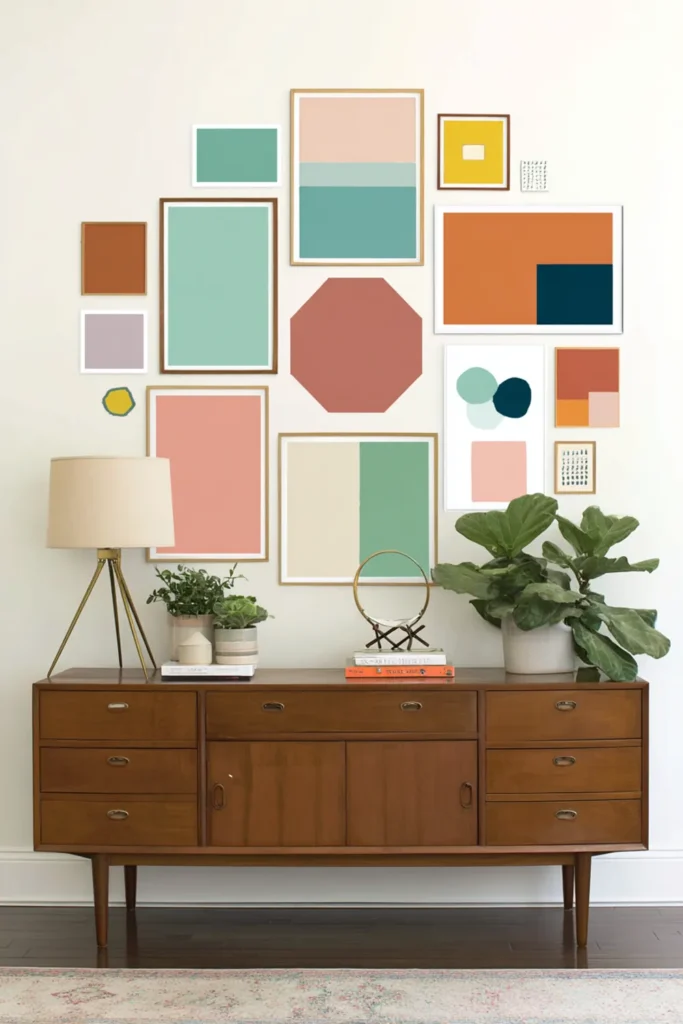 Brown credenza with an eclectic gallery wall made of mixed shapes including circles, squares, and a hexagon.