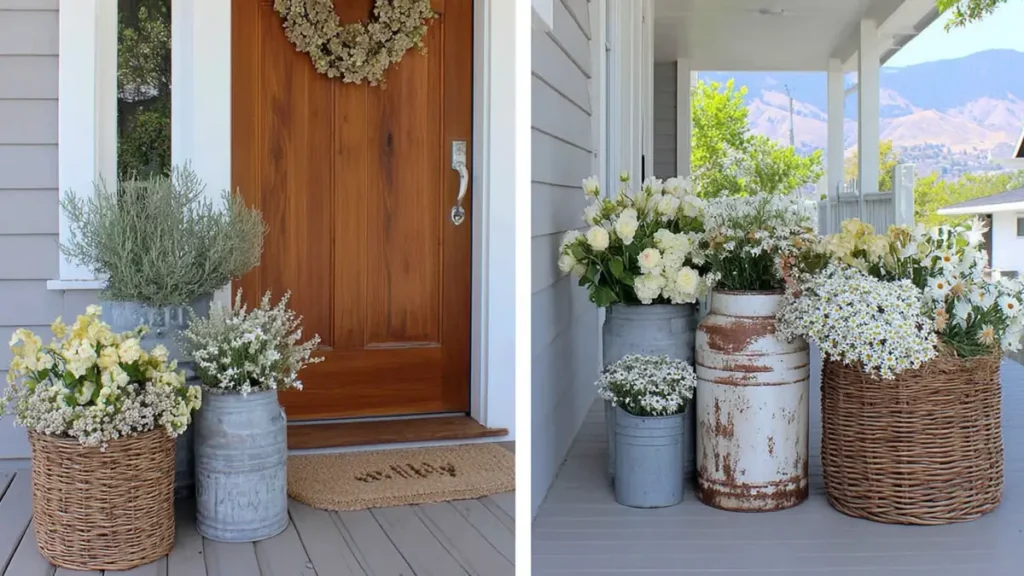 Collected farmhouse porch flower pot decor with a basket planter, galvanized bucket, and vintage milk can in a warm entry scene.