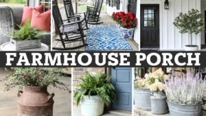 Farmhouse porch flower pot decor collage with basket, ceramic, milk can, olive bucket, and galvanized planter scenes in bright daylight.
