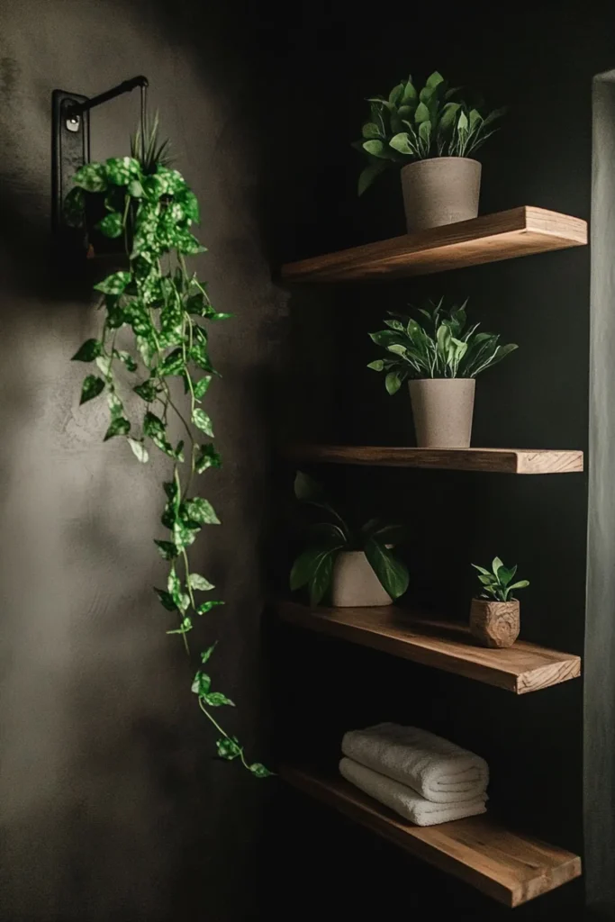8 Windowless Bathroom Plant Decor Ideas That Actually Work 9 Completely dark bathroom with realistic faux plants on shelves and a small clamp light