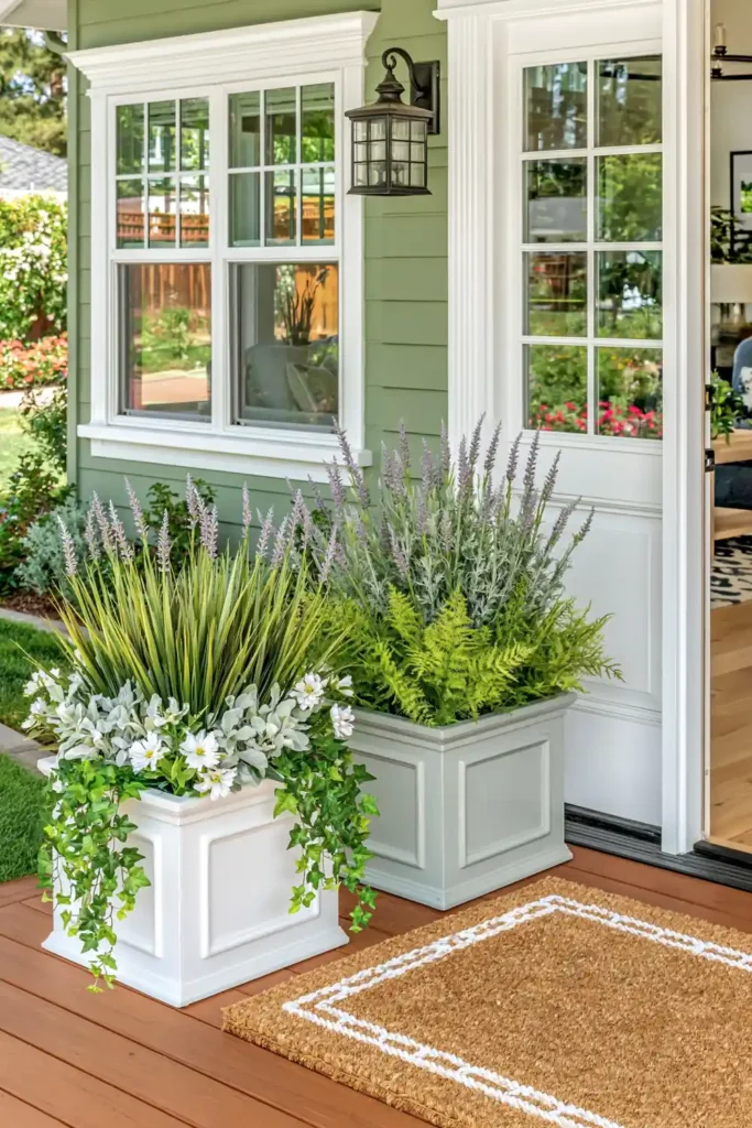Square gray front porch planters with faux lavender spikes, ivy, and white flowers beside a doorway