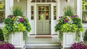 Front porch with tall matching planters beside the front door for welcoming curb appeal