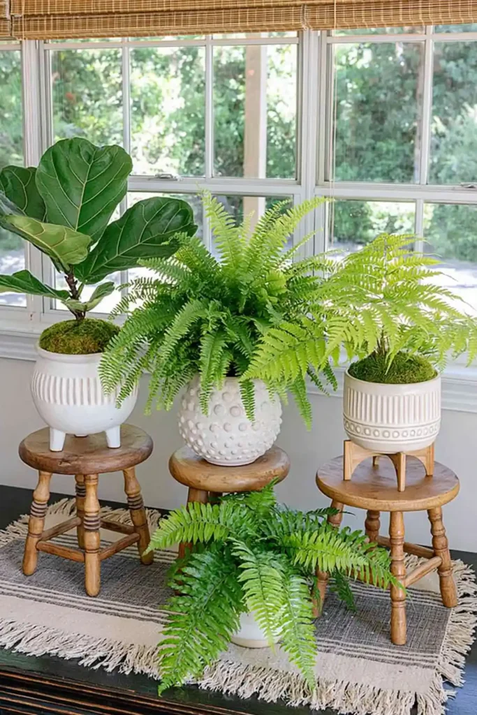 Three small potted ferns and leafy plants displayed on mini stools and stands by a bright window.