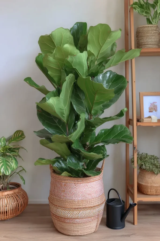 Plant Aesthetic Interior Decorating Ideas for a Fresh Home 2 Large fiddle leaf fig in a patterned pink woven basket against a pale wall for a plant aesthetic interior decorating idea.