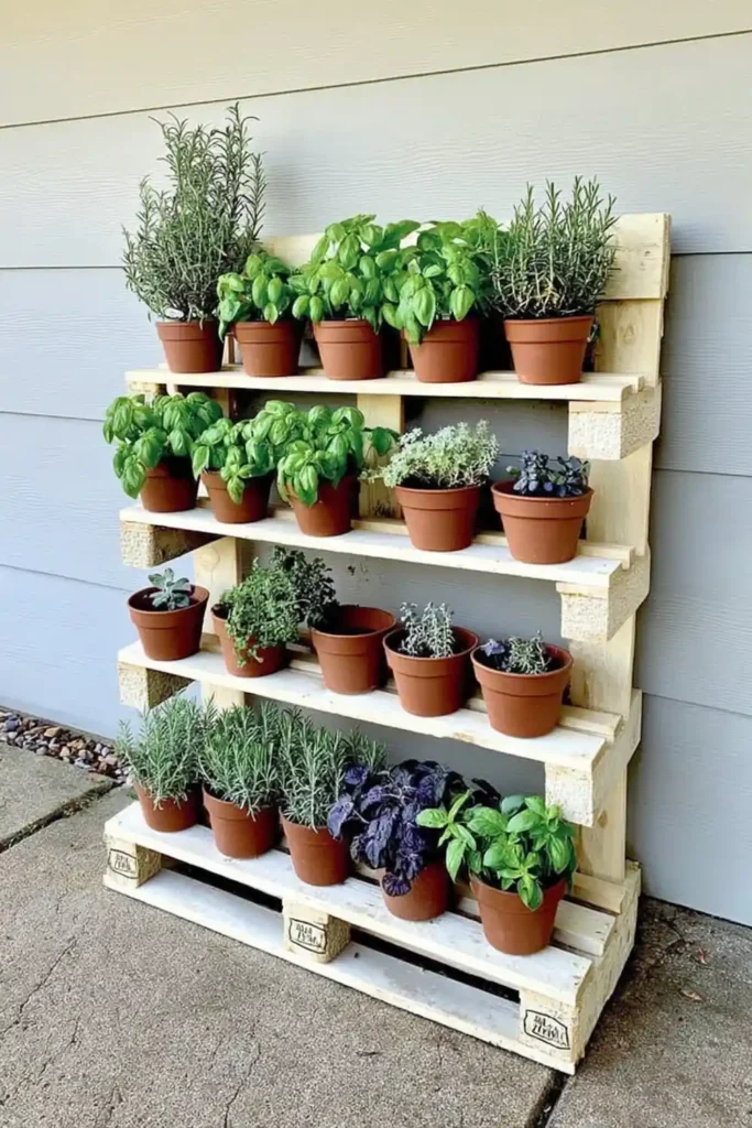 Freestanding pale yellow pallet herb garden with terracotta pots on concrete