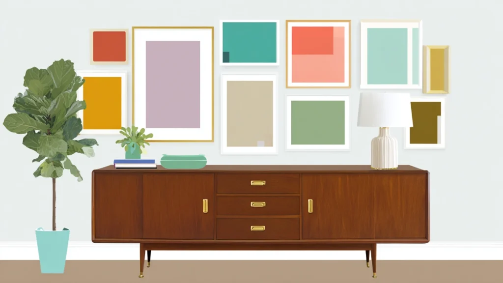 Warm closing image with a brown credenza, a colorful balanced gallery wall, and a small potted plant.