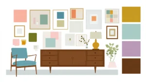 Living room with a brown credenza and a colorful gallery wall showing mixed frame arrangements inspired by gallery wall layout ideas.