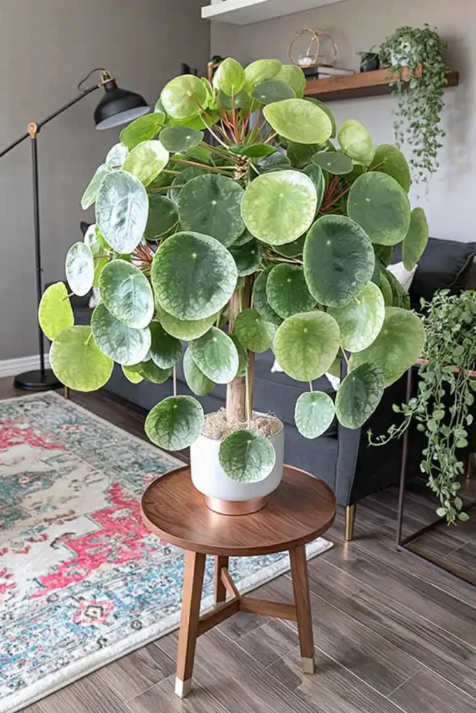Large Chinese money plant with round green leaves on a small wooden table in a relaxed living room.