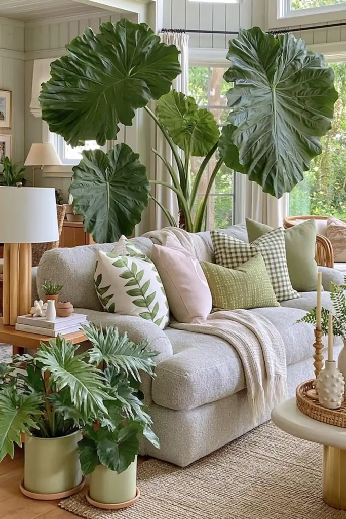 Large giant philodendron plants beside a couch in a warm living room with soft natural light.