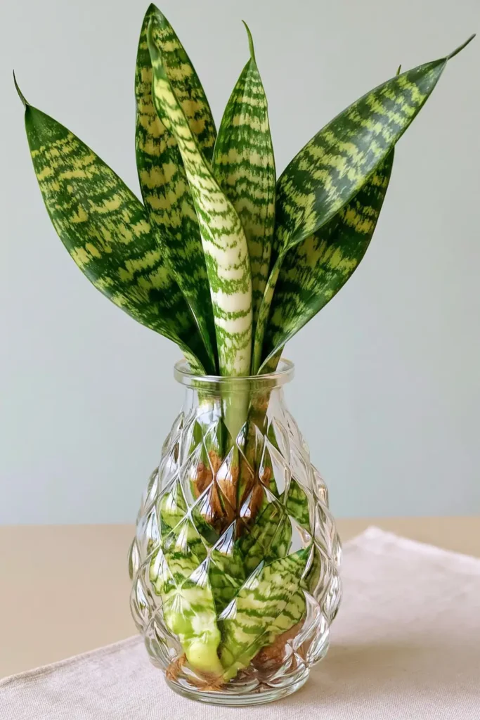 Snake plant leaves arranged in a slim glass bottle on a light surface