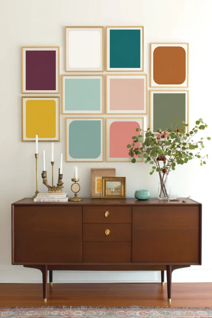 Brown credenza with eight evenly spaced framed art pieces in a neat grid gallery wall layout.