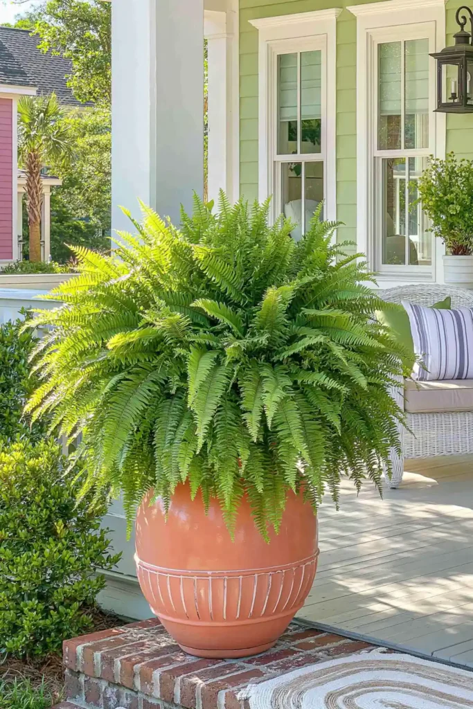 Lush green fern in a terracotta urn on a shaded porch with a white post