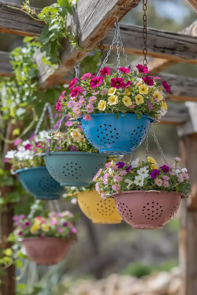 Colorful hanging colander planters filled with flowers on a weathered wooden pergola