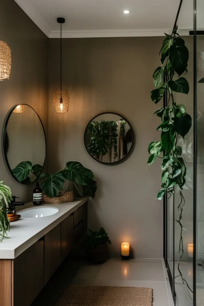 8 Windowless Bathroom Plant Decor Ideas That Actually Work 4 Panoramic bathroom with trailing greenery, a round mirror, and plants placed around the room