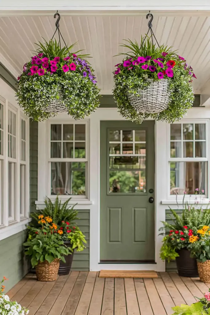 Two large hanging flower baskets under a white porch ceiling between doors and windows