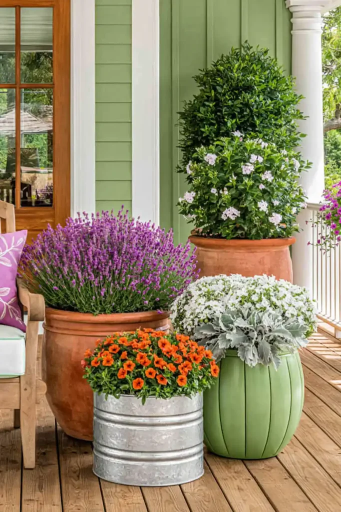 Full sun porch planters in terracotta and metal containers with lavender, orange flowers, white flowers, and silvery foliage