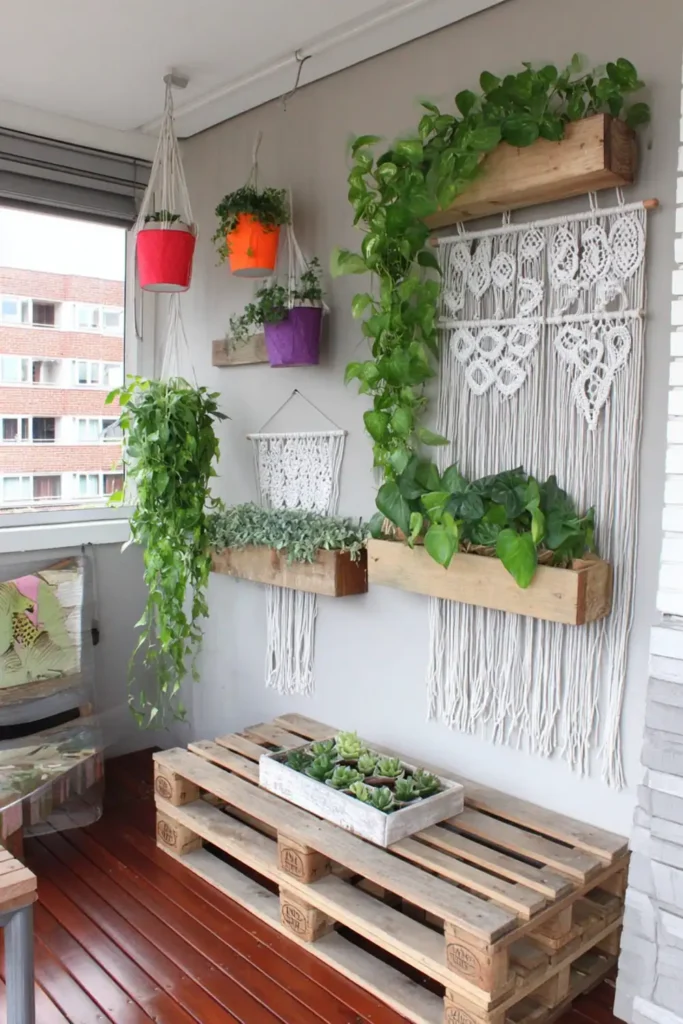 Indoor pallet plant holder in a cozy boho room with white walls and hanging decor
