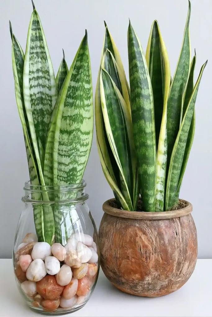 Snake plant arrangement with a clear jar and rustic tub-like container on a warm indoor tabletop
