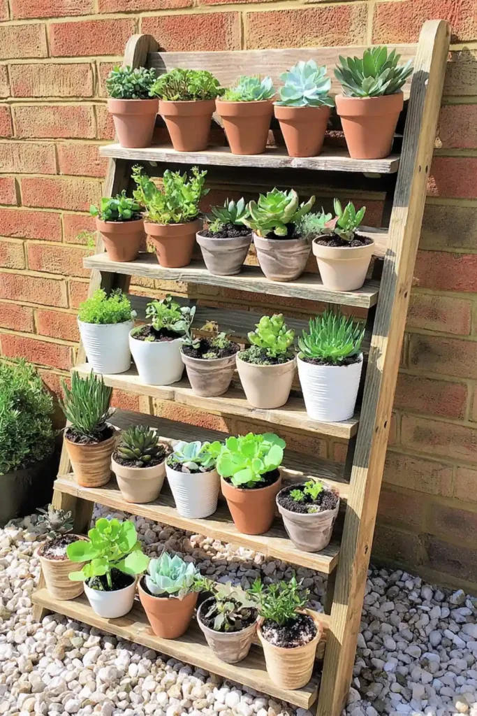 Ladder-style pallet plant holder with terracotta pots and seed trays