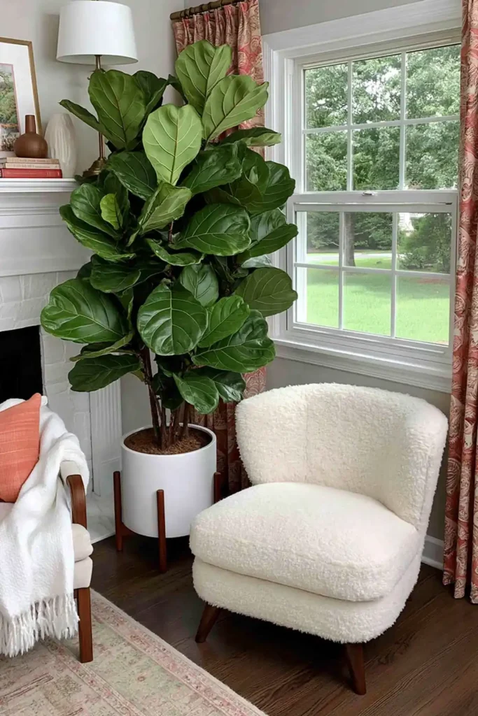 Large upright foliage plant in a white planter with wooden legs beside a bright living room window.