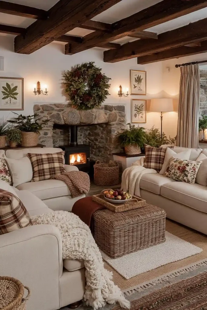 Layered cottagecore living room with exposed beams, stone fireplace, cream sofas, plaid and floral pillows, woven baskets, plants, and warm lighting.