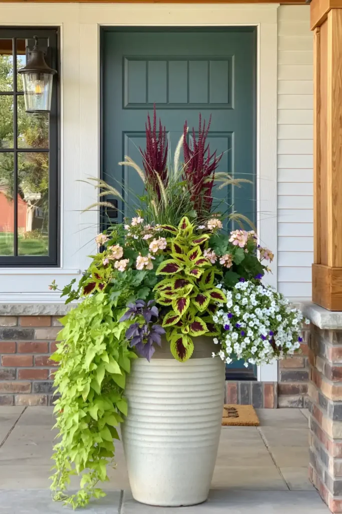 Layered front porch planter with burgundy spikes, pink geraniums, coleus, chartreuse trailing vine, and white bacopa