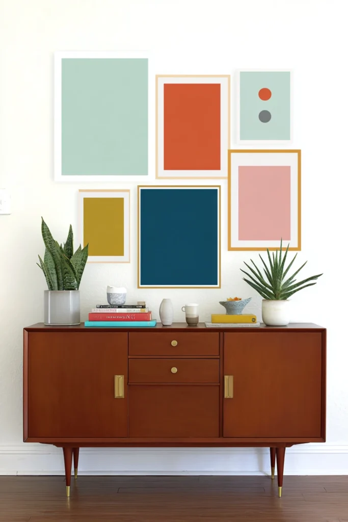 Layered framed art leaning on a brown credenza in a relaxed gallery wall display.