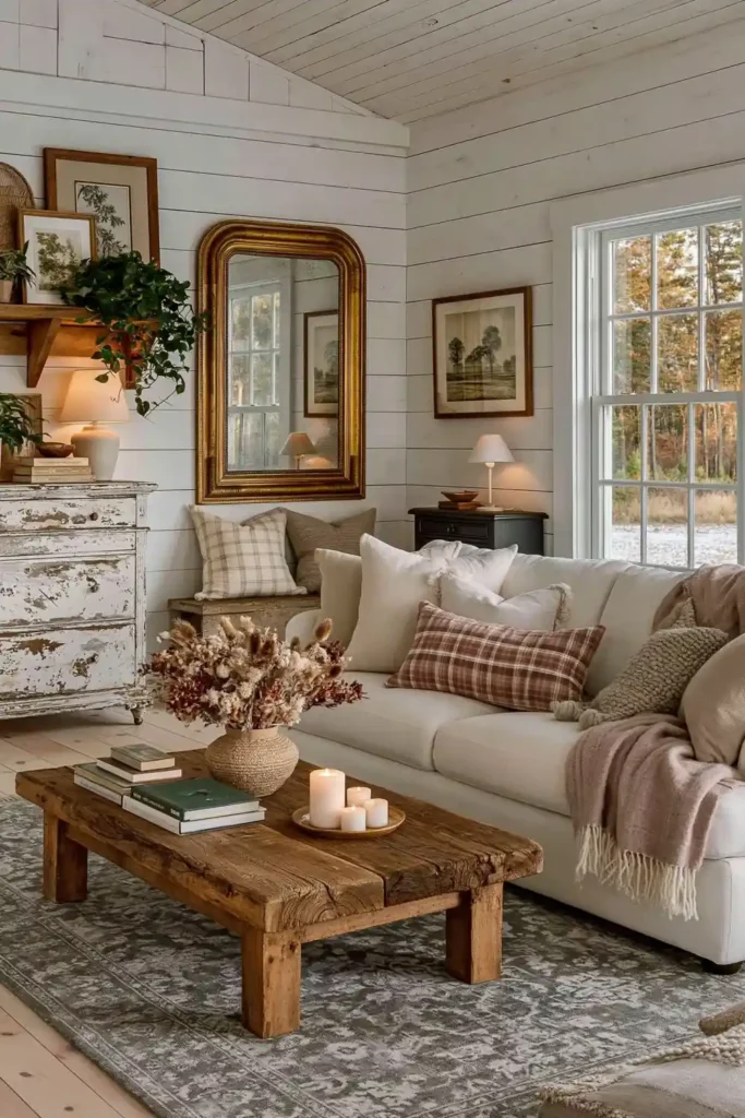 Light neutral cottagecore living room with white shiplap walls, cream sofa, rustic wood coffee table, gold mirror, plants, and soft textiles.