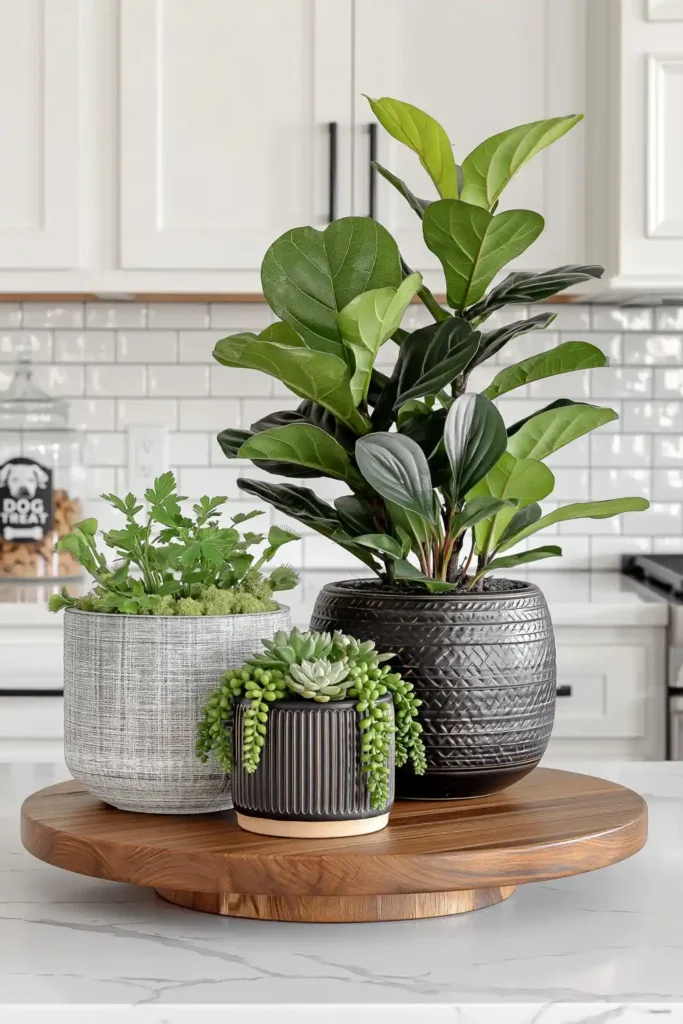 Low-maintenance kitchen counter plants grouped on a round wood pedestal with white cabinets and subway tile in the background.