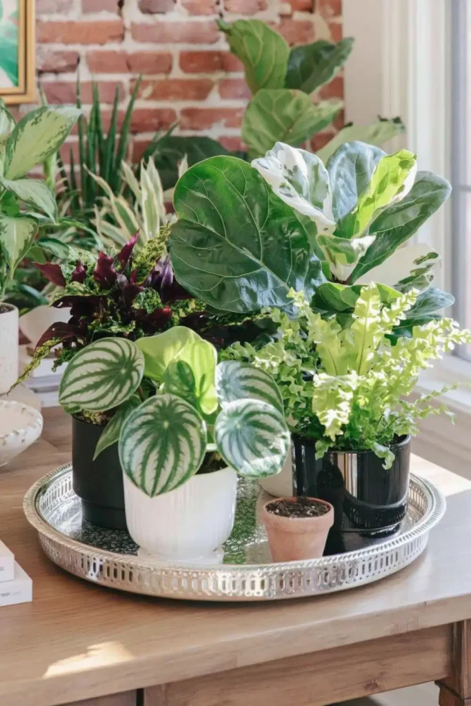 Silver tray on a wooden table holding several potted plants with glossy leaves, terracotta pots, and an exposed brick wall behind.