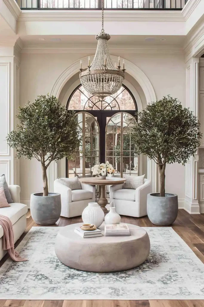 Bright formal room with two potted trees beside a round table, chandelier, pale rug, and white seating.