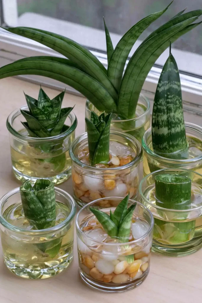 Small snake plant cuttings in clear glass containers arranged as a mini propagation station