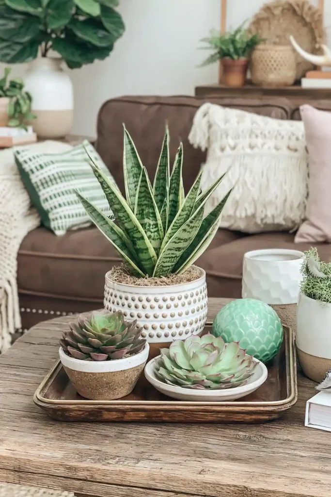 Mini snake plant centerpiece in a small ceramic planter on an indoor tabletop with soft natural light.