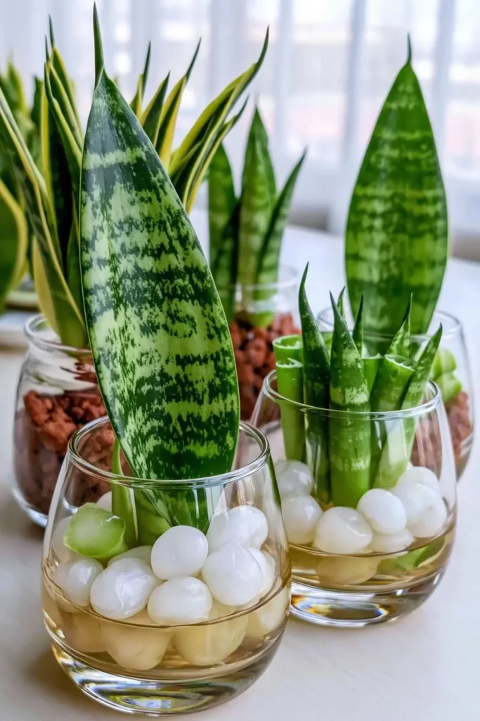 Mini snake plant cutting garden with variegated leaves in clear glass containers