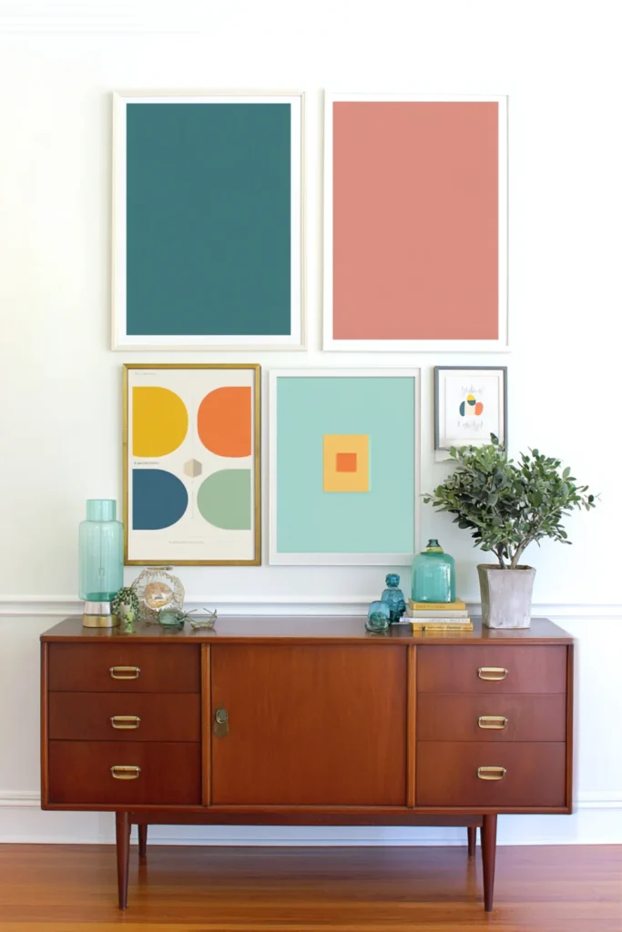 Brown credenza with a balanced gallery wall featuring two large side pieces and three smaller frames stacked in the center.