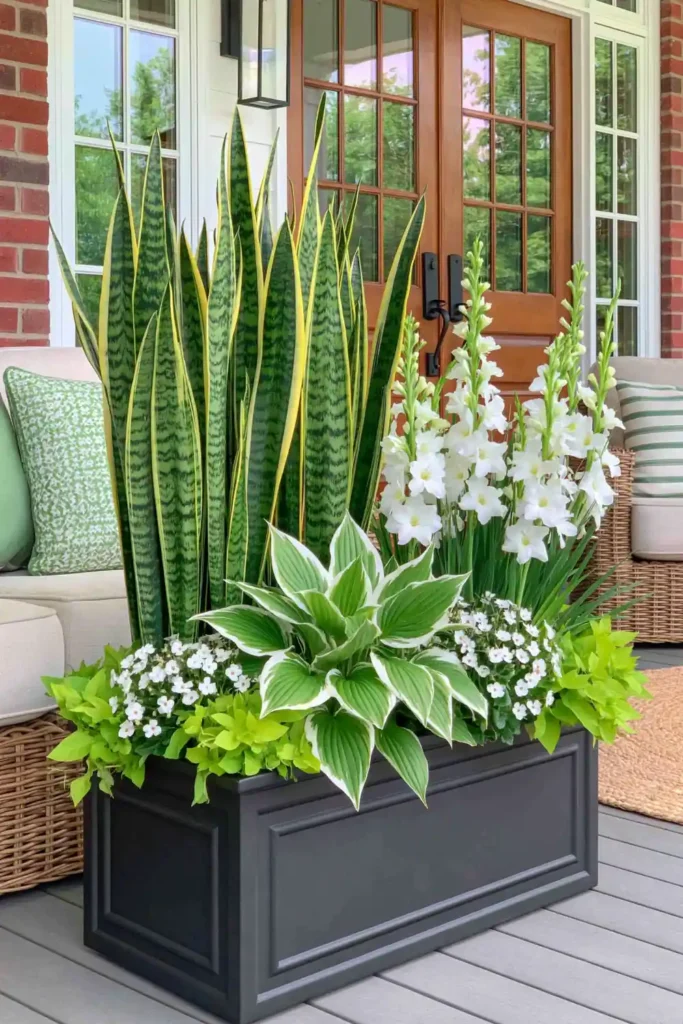 Black rectangular porch planter with upright snake plant leaves and a white flowering plant