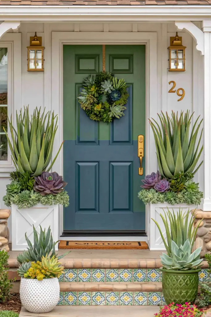 Blue front door flanked by succulent planters with upright spiky plants and low rosette succulents
